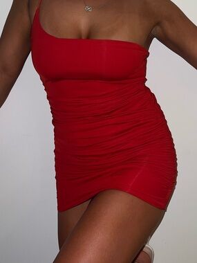 Tiger Mist Red One-Shoulder Ruched Slip Dress